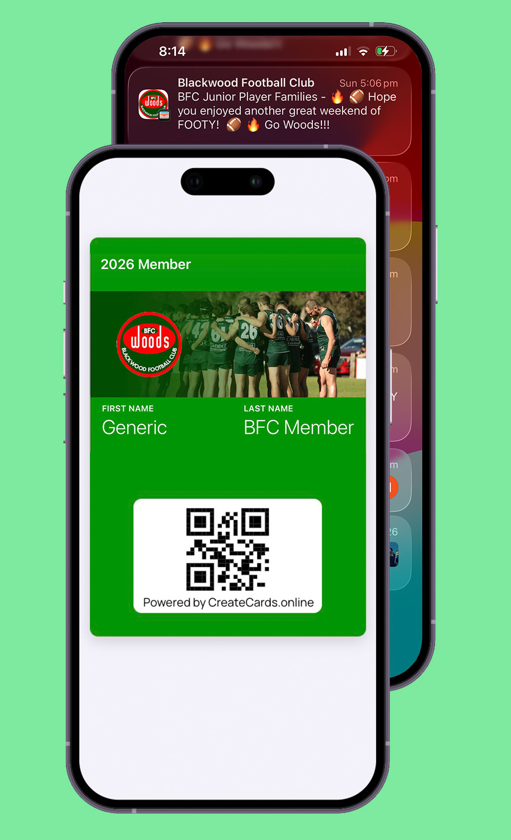 BFC Member Card installed on phone with with Push Notification on phone behind