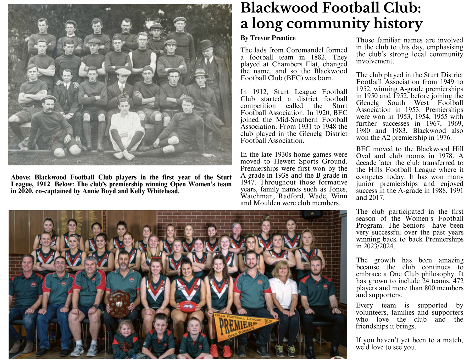 Blackwood Football Club - a long community history article in Catherine Hutchesson Newspaper - What's happening around Waite